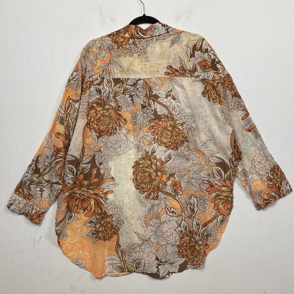 Free People Floral Button-Up Shirt in Orange, Brown, Cream - Picture 9 of 10